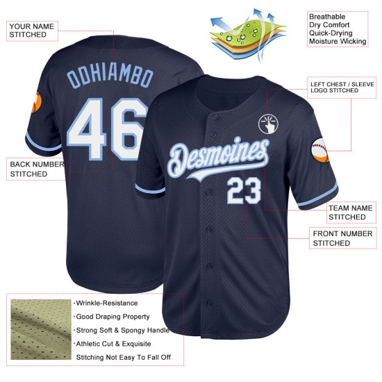 Baseball-Trikot in Marineblau, Weiß-Licht, Throwback, authentisches, individuelles blaues Mesh Baseball-Trikot in Marineblau, Weiß-Licht, Throwback, authentisches, individuelles blaues Mesh