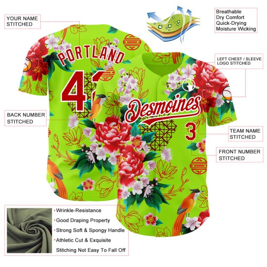 3D Blume Große Baseball Neon Muster Jersey Design Nordosten Custom Grün China Rot-Weiß Authentische 3D Blume Große Baseball Neon Muster Jersey Design Nordosten Custom Grün China Rot-Weiß Authentische