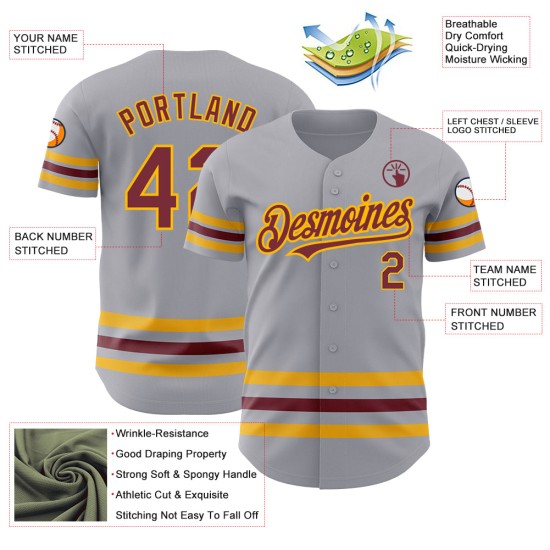Burgunder-Gold Baseball Custom Authentic Grau Jersey Linie Burgunder-Gold Baseball Custom Authentic Grau Jersey Linie
