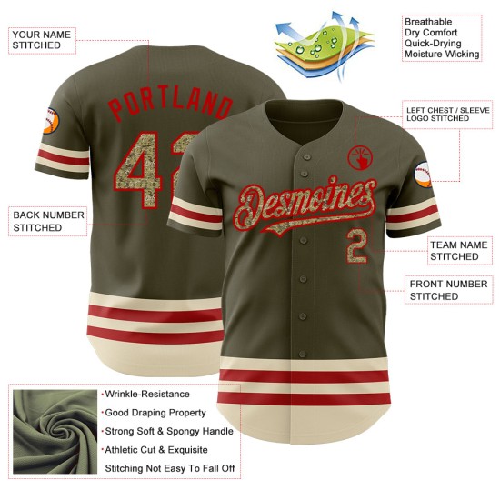 Olive Salute Service Line zu rot-cremefarbenem authentischem Baseball-Trikot Custom Camo Olive Salute Service Line zu rot-cremefarbenem authentischem Baseball-Trikot Custom Camo