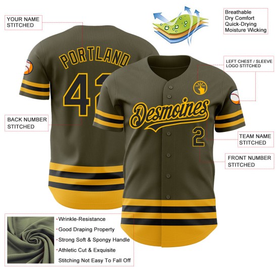 Benutzerdefinierte Schwarz-Gold Service Authentic Salute Line Olive Baseball Jersey Zu Benutzerdefinierte Schwarz-Gold Service Authentic Salute Line Olive Baseball Jersey Zu
