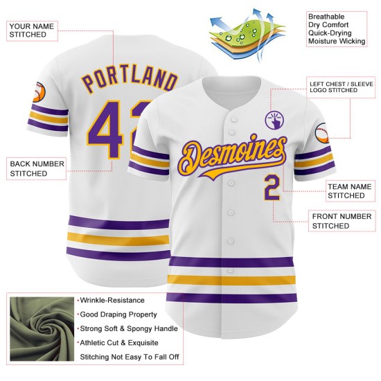 Baseball Trikot Custom Lila-Gold Authentic Line Weiß Baseball Trikot Custom Lila-Gold Authentic Line Weiß