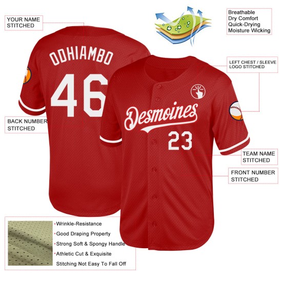 Mesh Custom Jersey Throwback Weiß Authentic Rot Baseball Mesh Custom Jersey Throwback Weiß Authentic Rot Baseball
