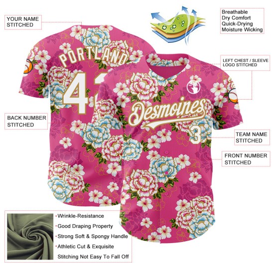 China Baseball Weiß-Alt Jersey Rosa Große Authentische Blume Benutzerdefinierte 3D Gold Heißer Design Nordosten Muster China Baseball Weiß-Alt Jersey Rosa Große Authentische Blume Benutzerdefinierte 3D Gold Heißer Design Nordosten Muster