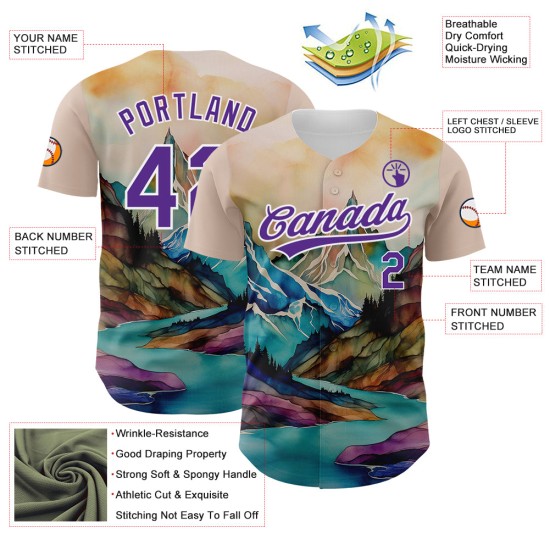 Design 3D Weiß Muster Baseball Authentische Landschaft Berge Jersey Lila Design 3D Weiß Muster Baseball Authentische Landschaft Berge Jersey Lila